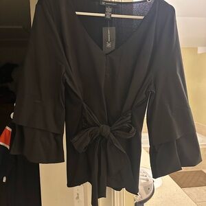 INC International Concepts Black Bell Sleeve Tie Front Blouse